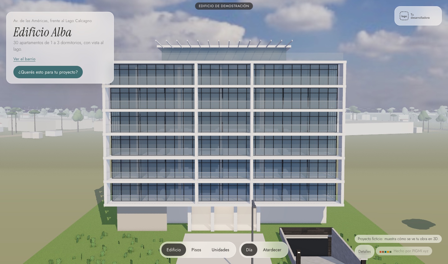 Edificio de demostración en 3D, en su entorno